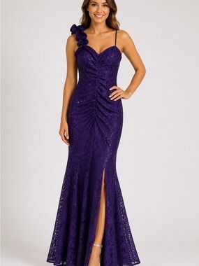 Reign On Purple Lace Sequin One Shoulder Ruched Mermaid Formal Dress 11/12